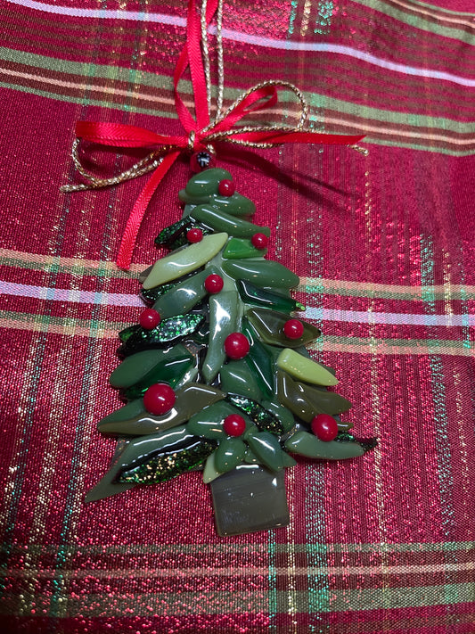 Fused Glass Christmas Tree Ornament: Greens/Red berries