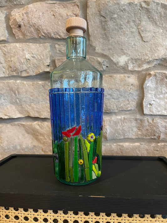 Upcycled Mosaic Glass Bottle/Vase - Blue sky, red poppies