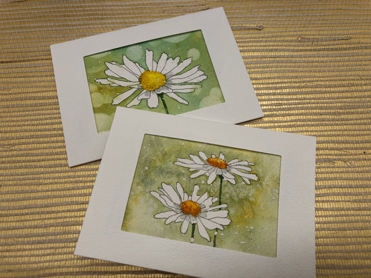 Sketchbook theme original watercolor notecards; Daisy 2-pack