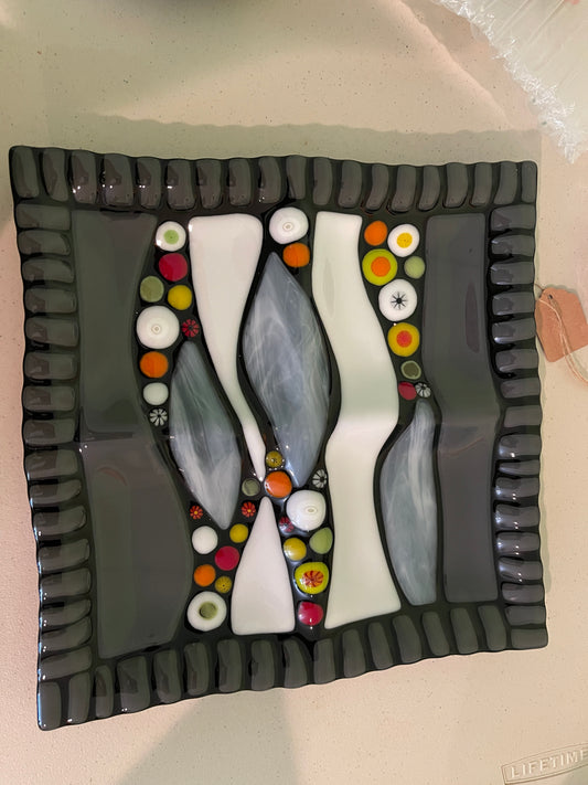Fyr Bal 4-square relish tray fused glass $120