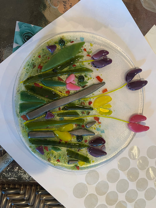 Fyr Bal 7” fused glass tulip art in frame $75
