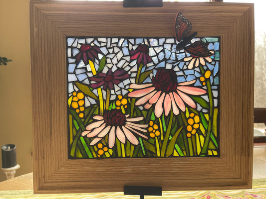 Glass-on-glass mosaic echinacea garden with 3D glass butterfly