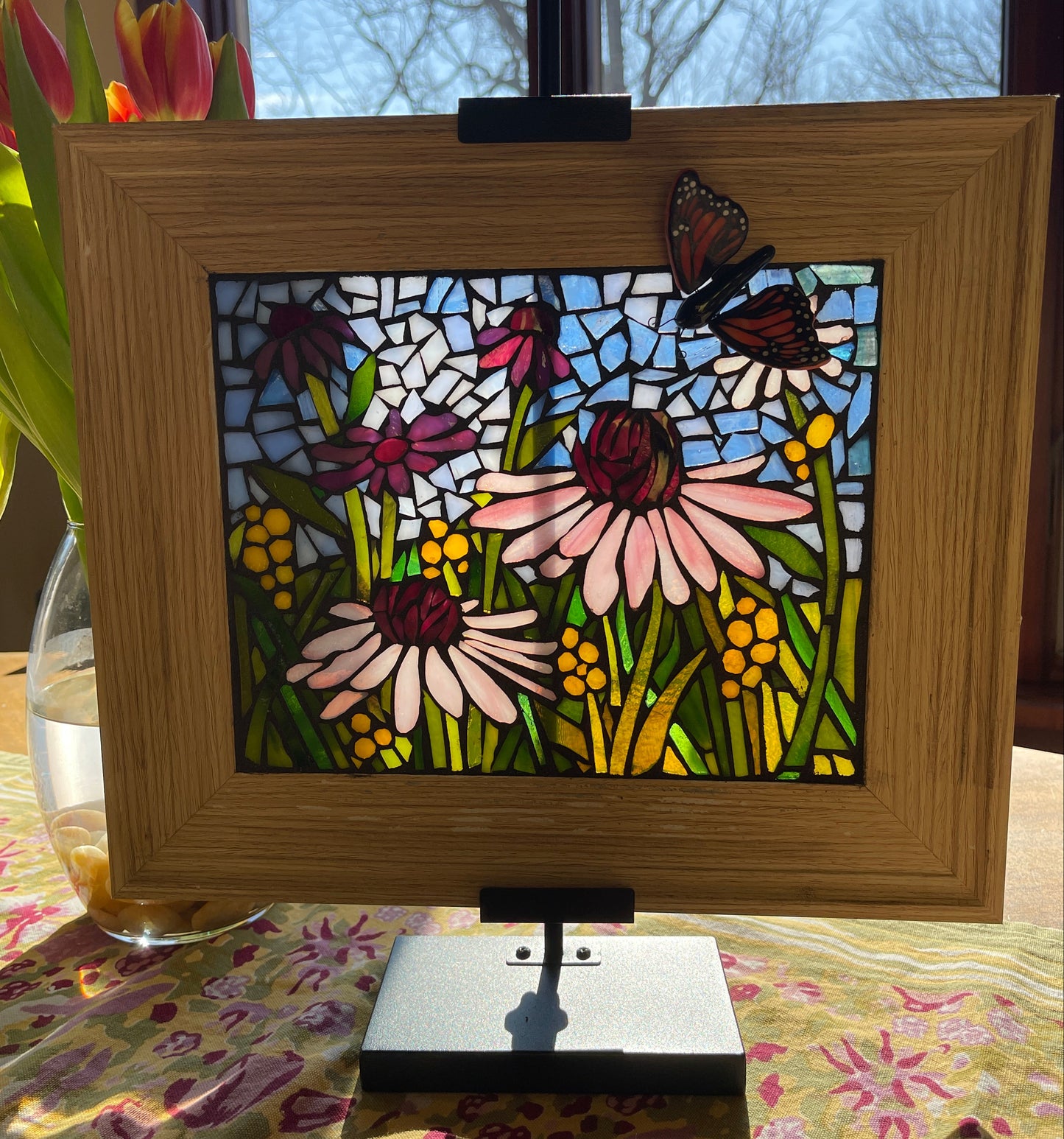 Glass-on-glass mosaic echinacea garden with 3D glass butterfly