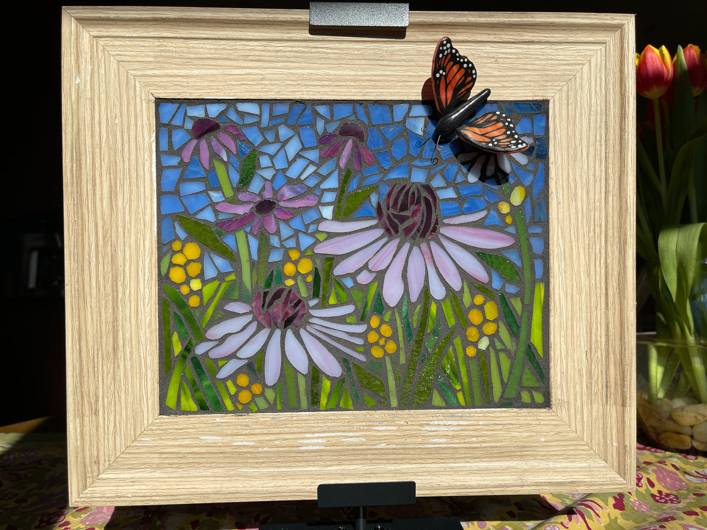 Glass-on-glass mosaic echinacea garden with 3D glass butterfly