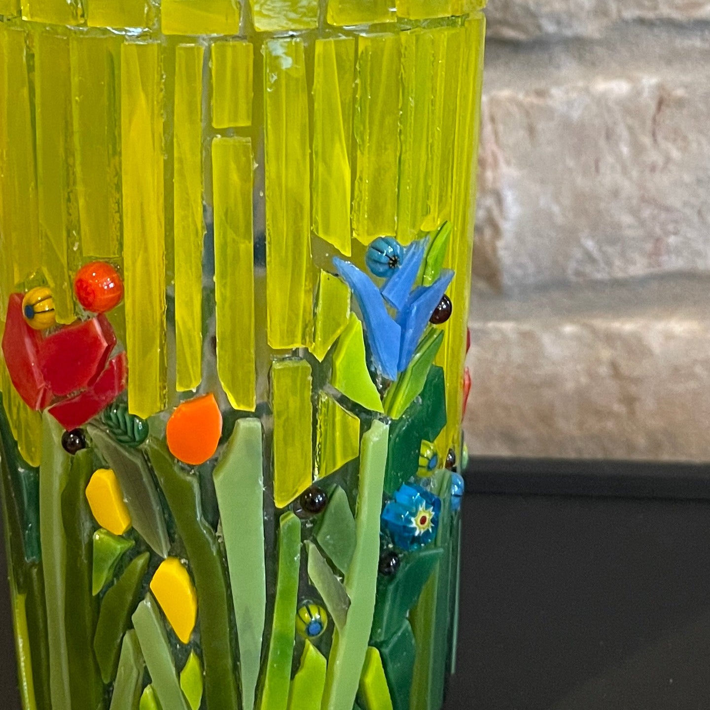 Upcycled Mosaic Glass Bottle/Vase - Yellow Sky, Red Poppies