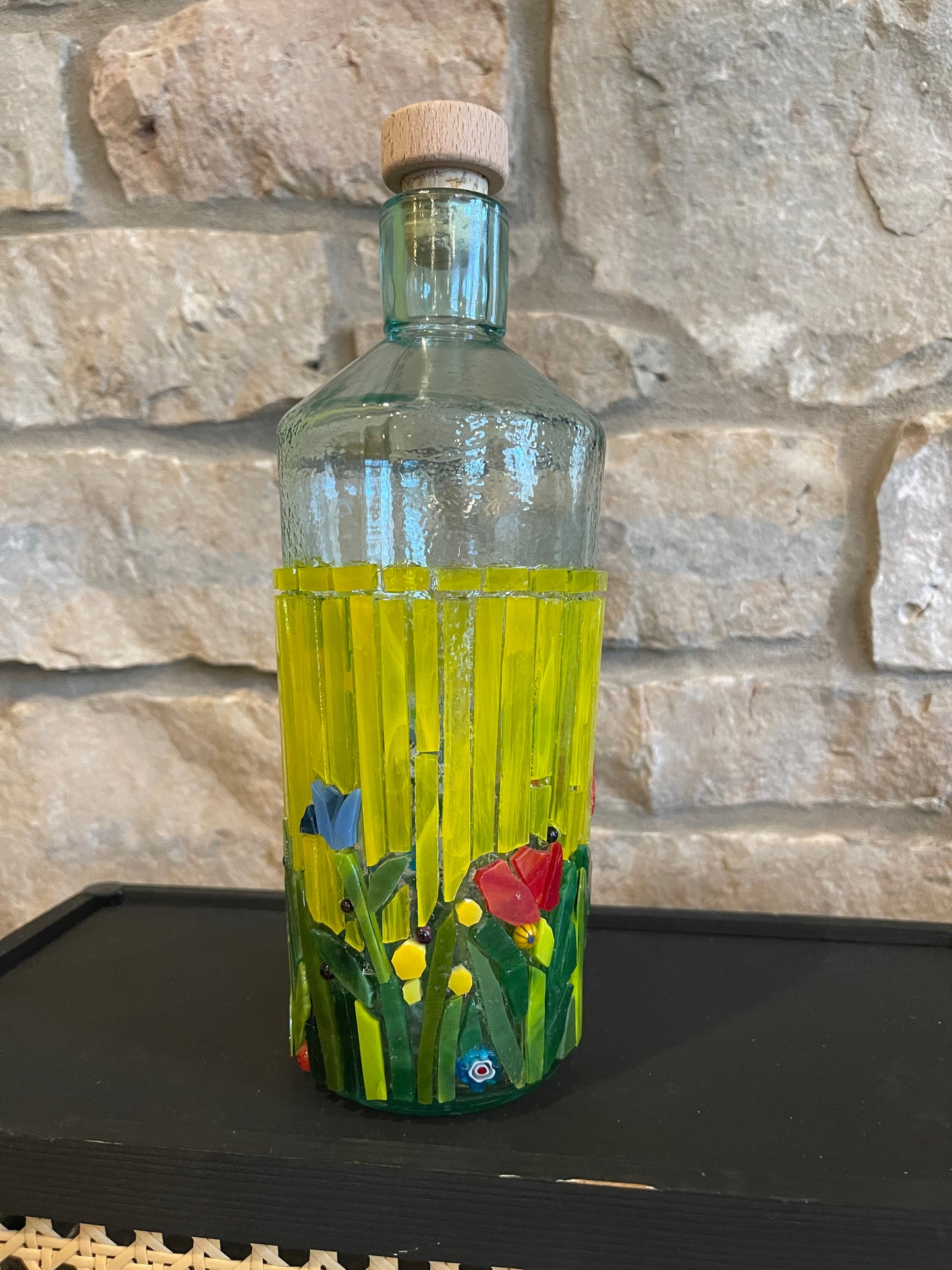 Upcycled Mosaic Glass Bottle/Vase - Yellow Sky, Red Poppies