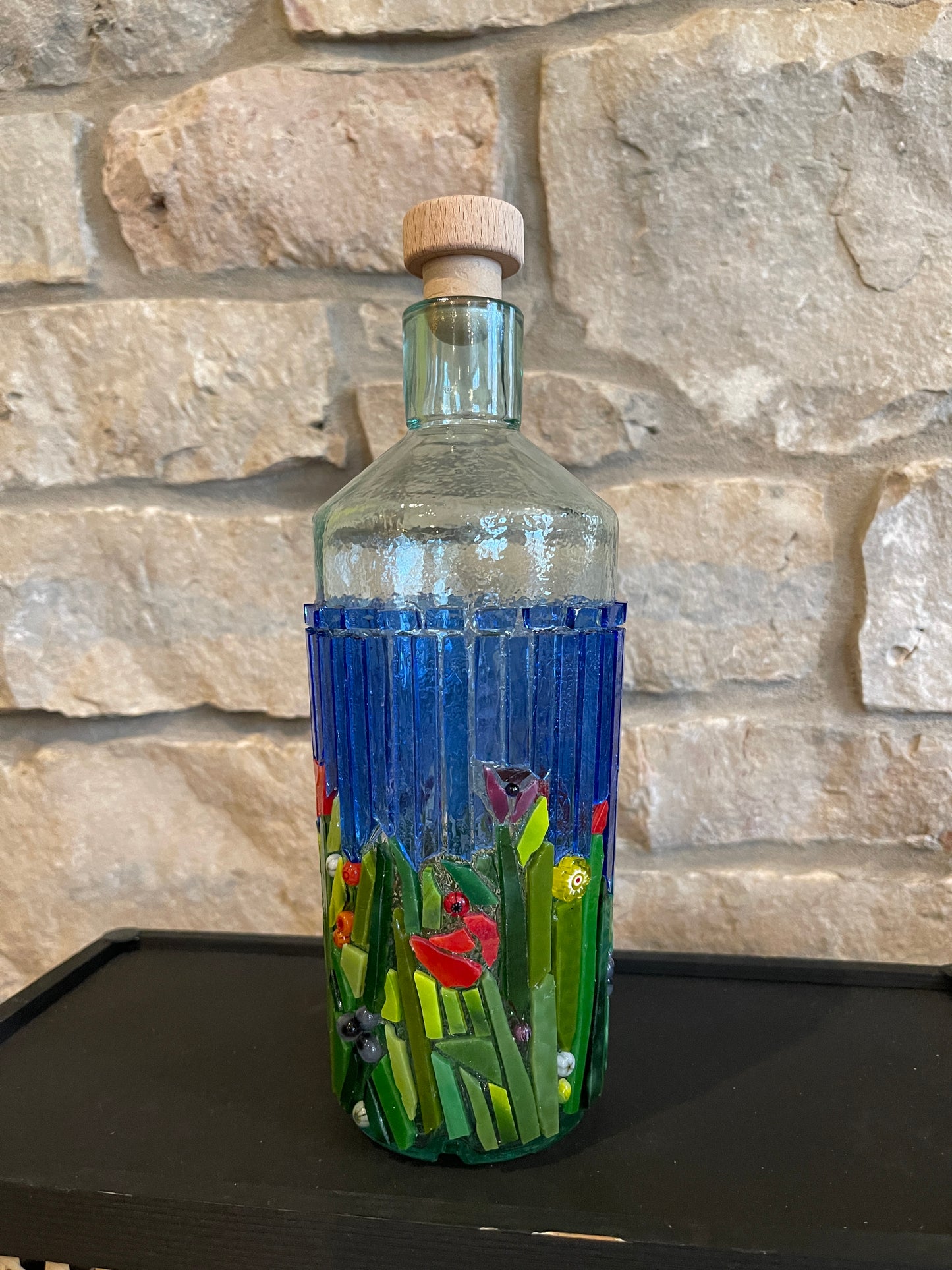 Upcycled Mosaic Glass Bottle/Vase - Blue sky, red poppies