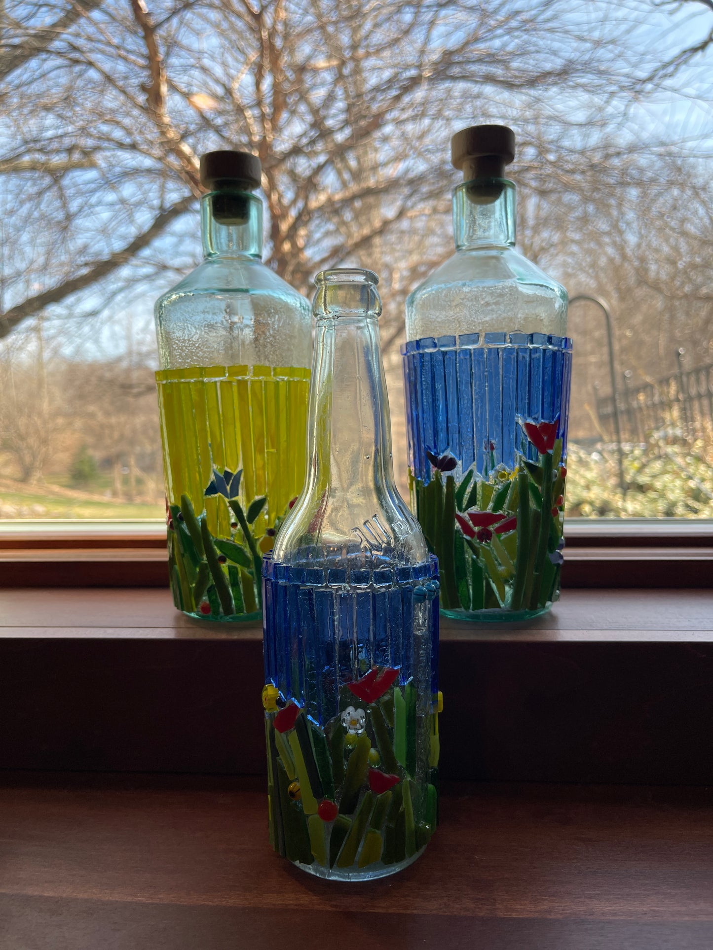 Upcycled Mosaic Glass Bottle/Vase - Yellow Sky, Red Poppies